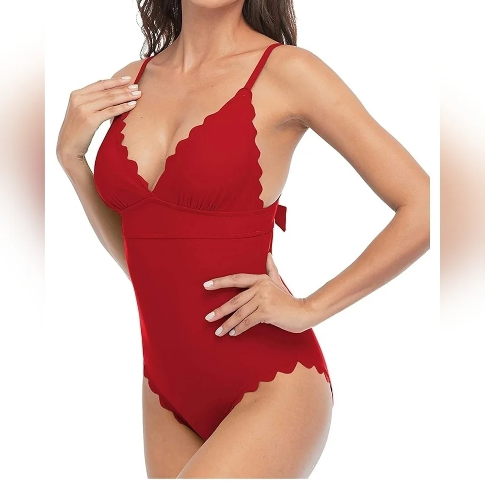 Women High Cut One Piece Swimsuit Scalloped Padded Swimwear Backless Bathingsuit